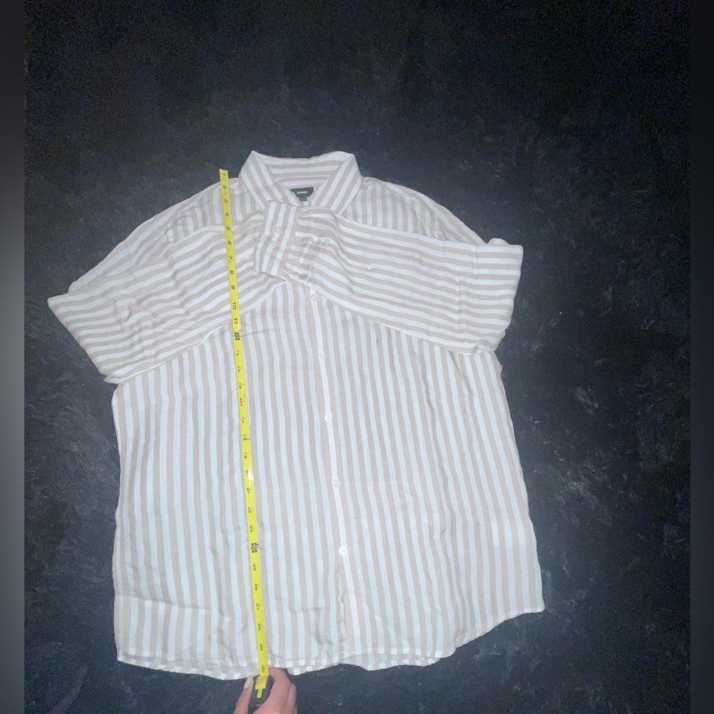 Express Button Down Linen Blend Long Sleeve Shirt L Men Tan White Striped NWT - Picture 3 of 4